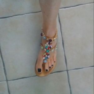 Brand New Most Modern Bohemian Multi-Colored JeweledT-Strap Sandals in Size 7